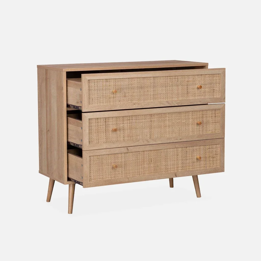 Commode 3 tiroirs bois cannage bohème vintage scandinave chambre