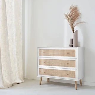 Commode 3 tiroirs cannage bois style bohème vintage
