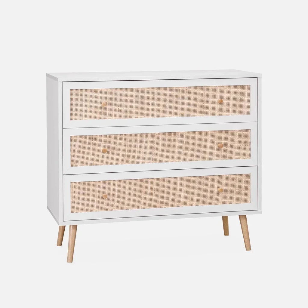 Commode 3 tiroirs cannage bois style bohème vintage