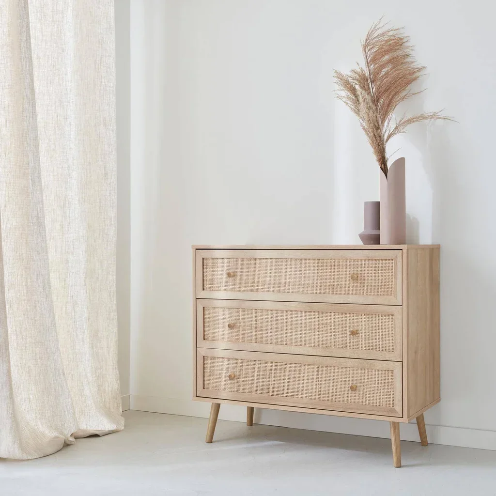 Commode 3 tiroirs bois cannage bohème vintage scandinave chambre
