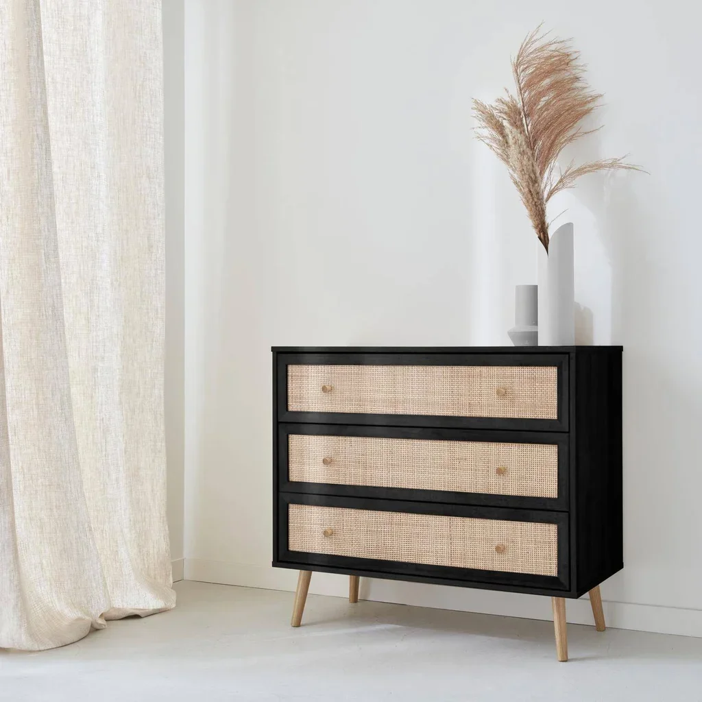 Commode bois 3 tiroirs cannage bohème vintage chambre