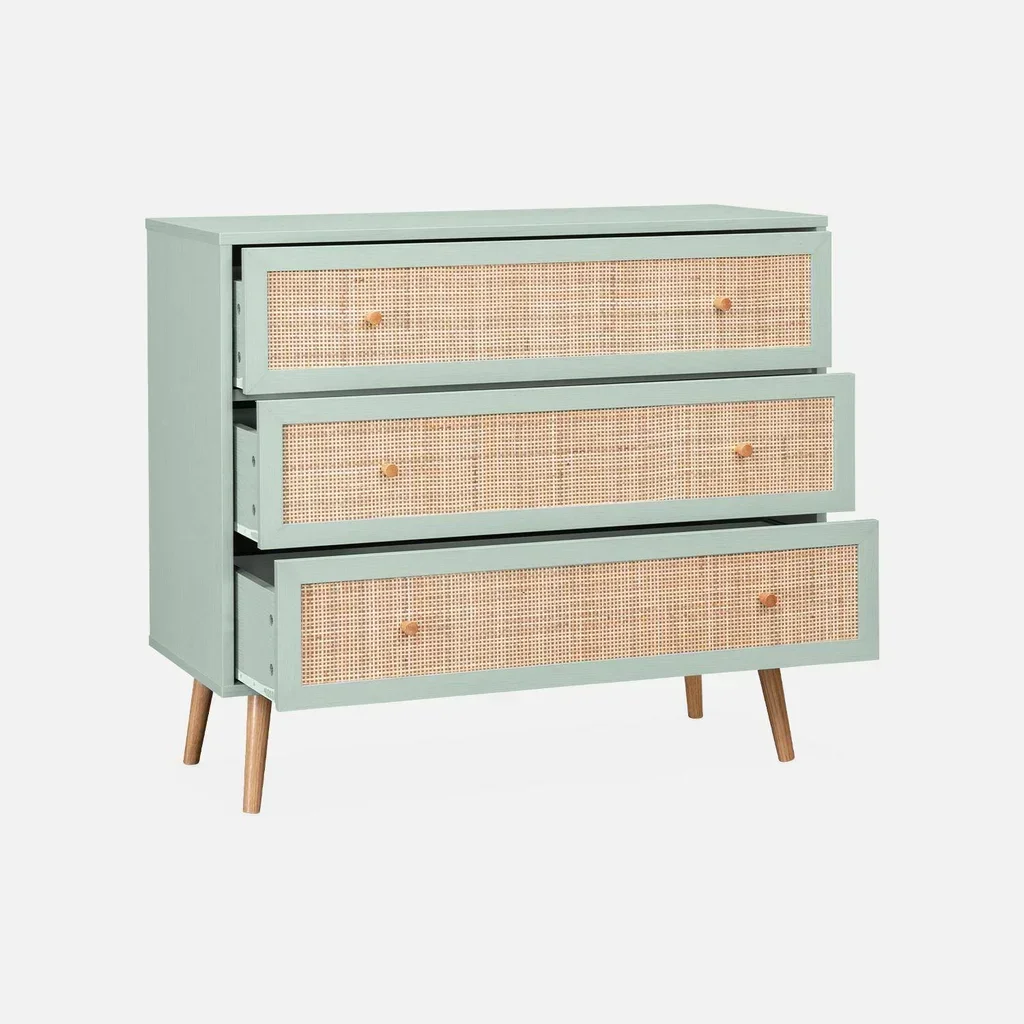 Commode 3 tiroirs bois cannage style bohème vintage