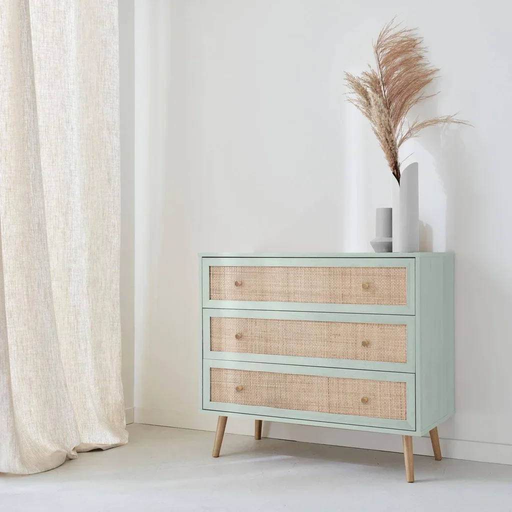 Commode 3 tiroirs bois cannage style bohème vintage
