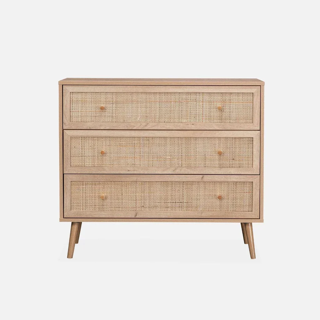 Commode 3 tiroirs bois cannage bohème vintage scandinave chambre