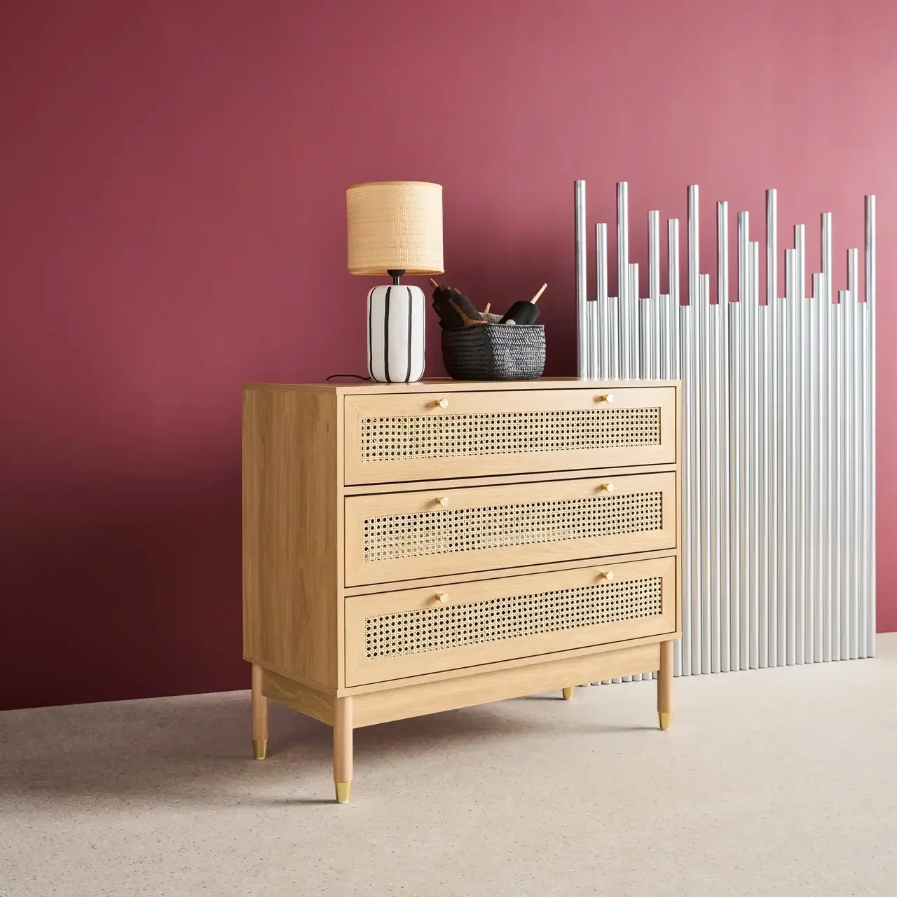 Commode 3 tiroirs bois cannage doré style bohème chic Judith