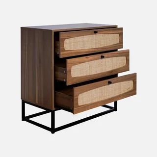 Commode vintage 3 tiroirs bois foncé cannage naturel piétement métal noir