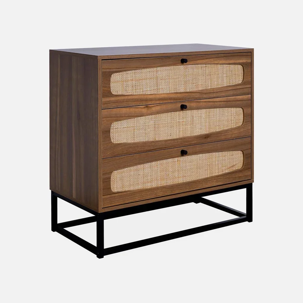 Commode vintage 3 tiroirs bois foncé cannage naturel piétement métal noir