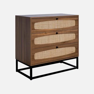 Commode vintage 3 tiroirs bois foncé cannage naturel piétement métal noir