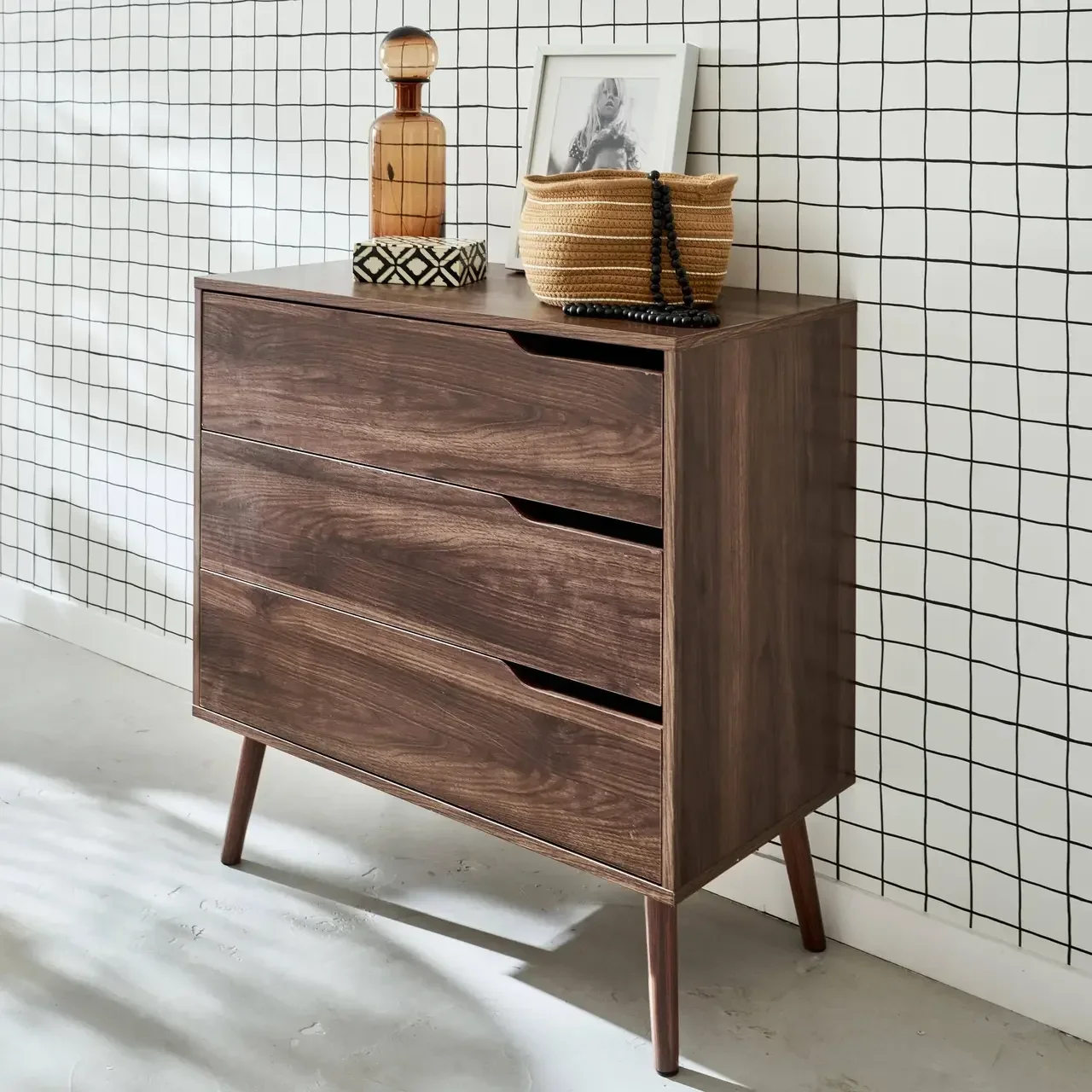 Commode 3 tiroirs bois noyer style scandinave vintage Népal