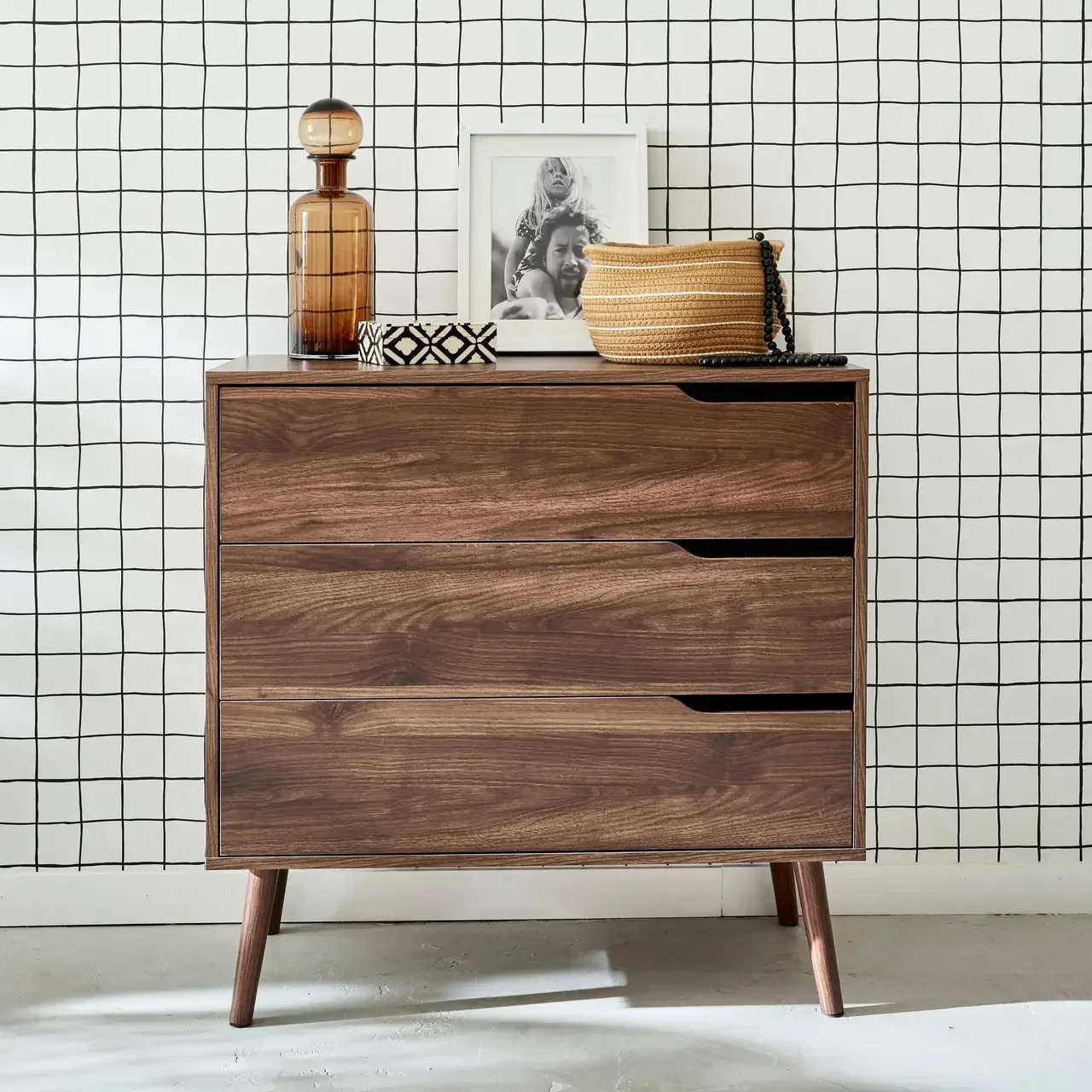 Commode 3 tiroirs bois noyer style scandinave vintage Népal