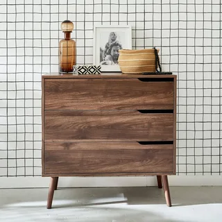 Commode 3 tiroirs bois noyer style scandinave vintage Népal