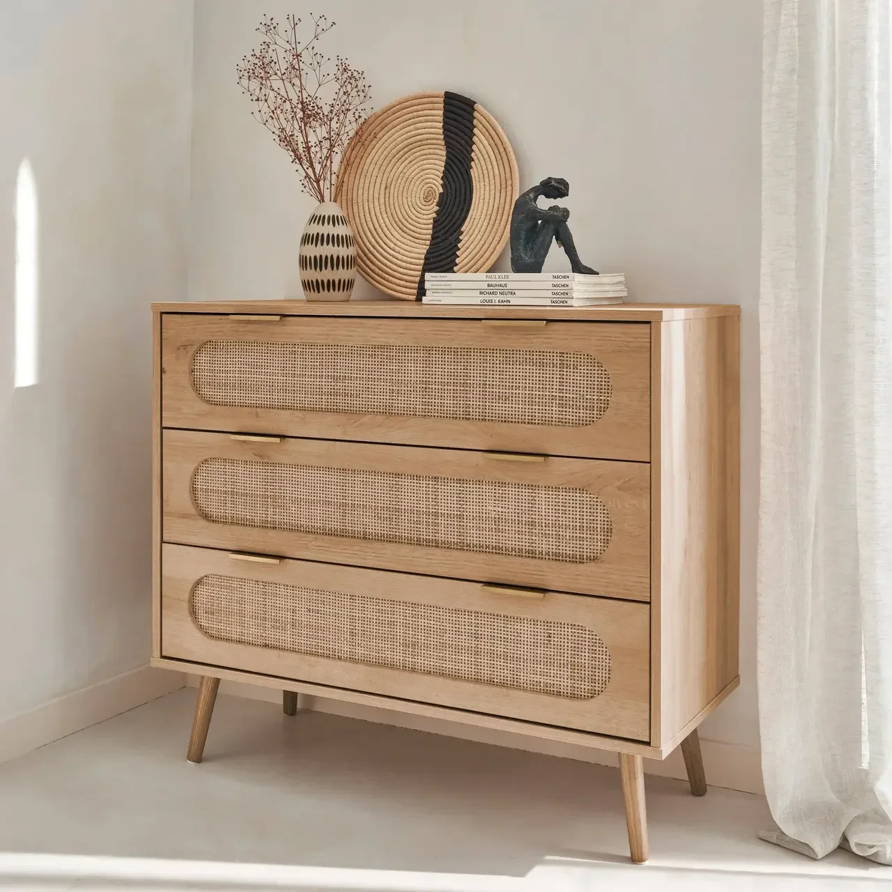 Commode 3 tiroirs cannage arrondi bois naturel Eva
