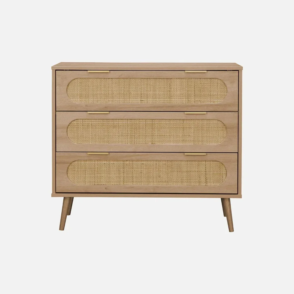 Commode 3 tiroirs cannage arrondi bois naturel Eva