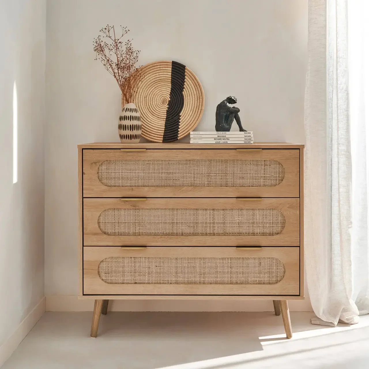 Commode 3 tiroirs cannage arrondi bois naturel Eva