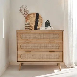 Commode 3 tiroirs cannage arrondi bois naturel Eva