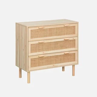 Commode 3 tiroirs cannage naturel façade bois Camargue vintage bohème