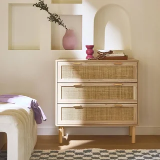 Commode 3 tiroirs cannage naturel façade bois Camargue vintage bohème