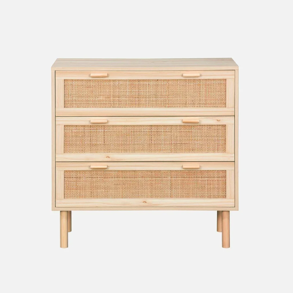 Commode 3 tiroirs cannage naturel façade bois Camargue vintage bohème