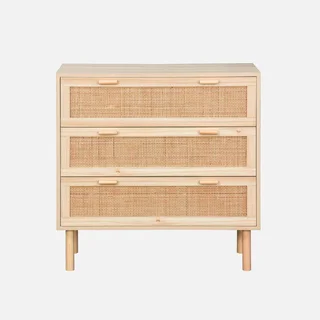 Commode 3 tiroirs cannage naturel façade bois Camargue vintage bohème