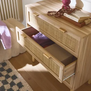 Commode 3 tiroirs cannage naturel façade bois Camargue vintage bohème