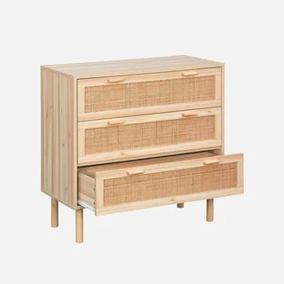 Commode 3 tiroirs cannage naturel façade bois Camargue vintage bohème