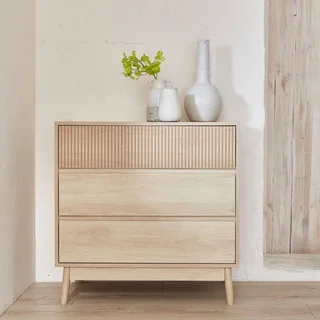 Commode 3 tiroirs scandinave bois naturel avec piètement évasé