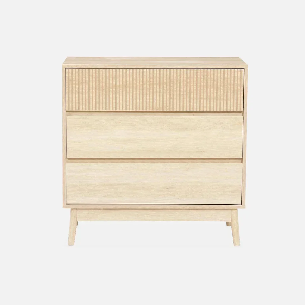 Commode 3 tiroirs scandinave bois naturel avec piètement évasé
