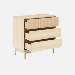 Commode 3 tiroirs scandinave bois naturel avec piètement évasé