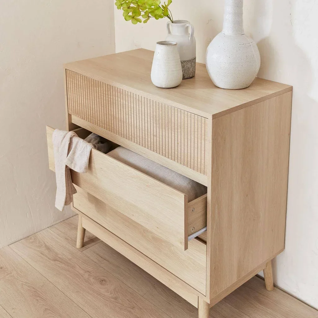 Commode 3 tiroirs scandinave bois naturel avec piètement évasé