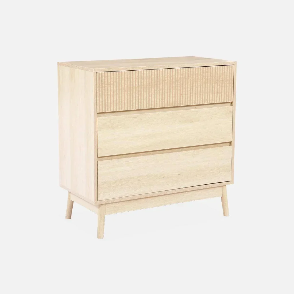 Commode 3 tiroirs scandinave bois naturel avec piètement évasé