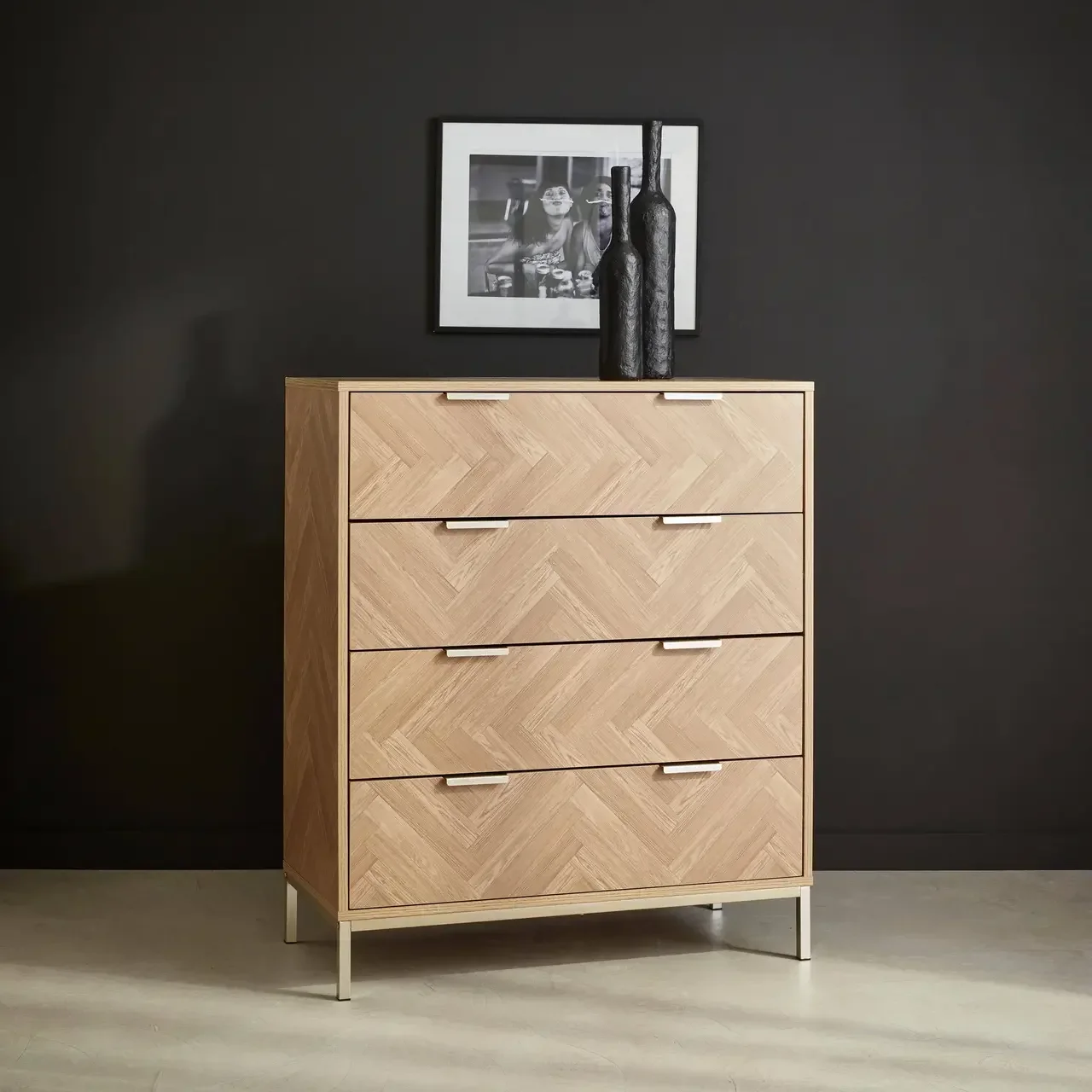 Commode 4 tiroirs chevron bois naturel style Budapest