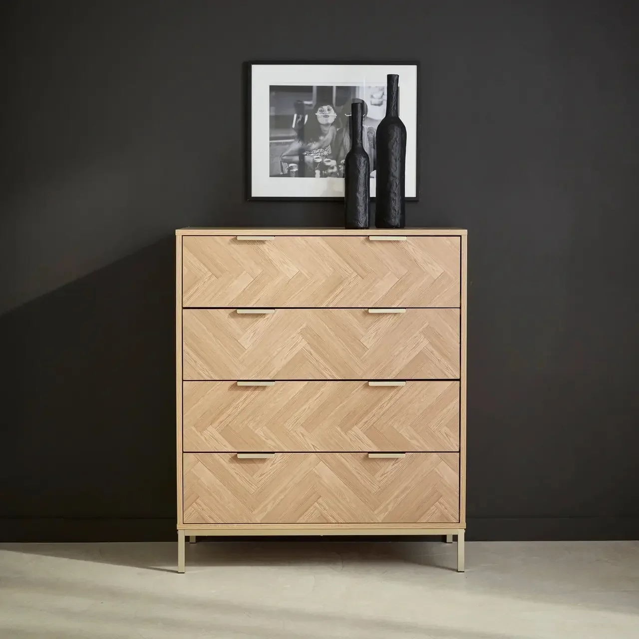 Commode 4 tiroirs chevron bois naturel style Budapest