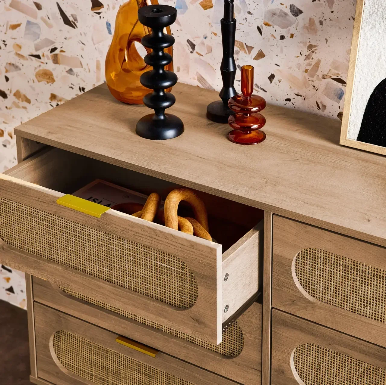 Commode 6 tiroirs bois cannage arrondi style naturel Eva