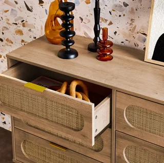 Cassettiera 6 cassetti legno rattan arrotondato stile naturale Eva