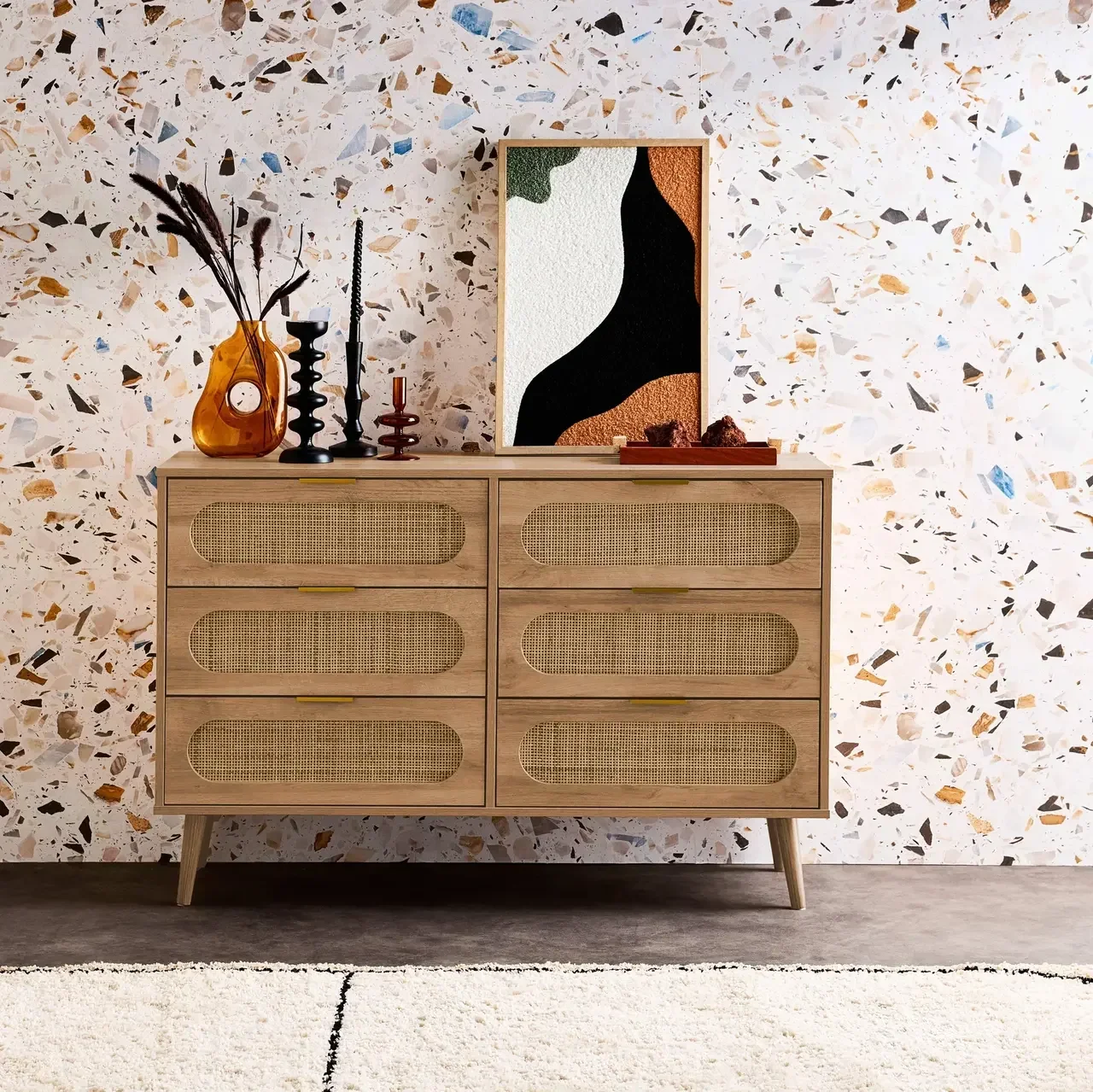 Commode 6 tiroirs bois cannage arrondi style naturel Eva