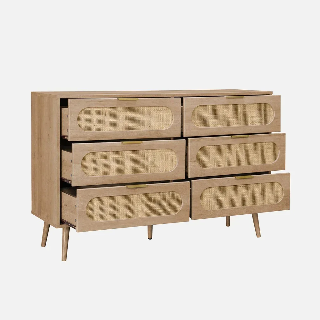 Cassettiera 6 cassetti legno rattan arrotondato stile naturale Eva