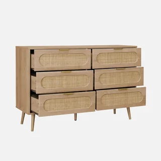 Cassettiera 6 cassetti legno rattan arrotondato stile naturale Eva