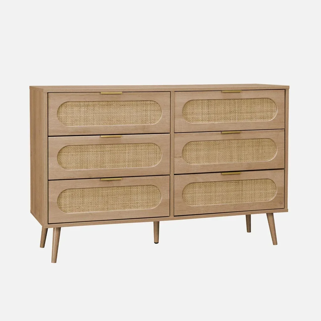 Cassettiera 6 cassetti legno rattan arrotondato stile naturale Eva