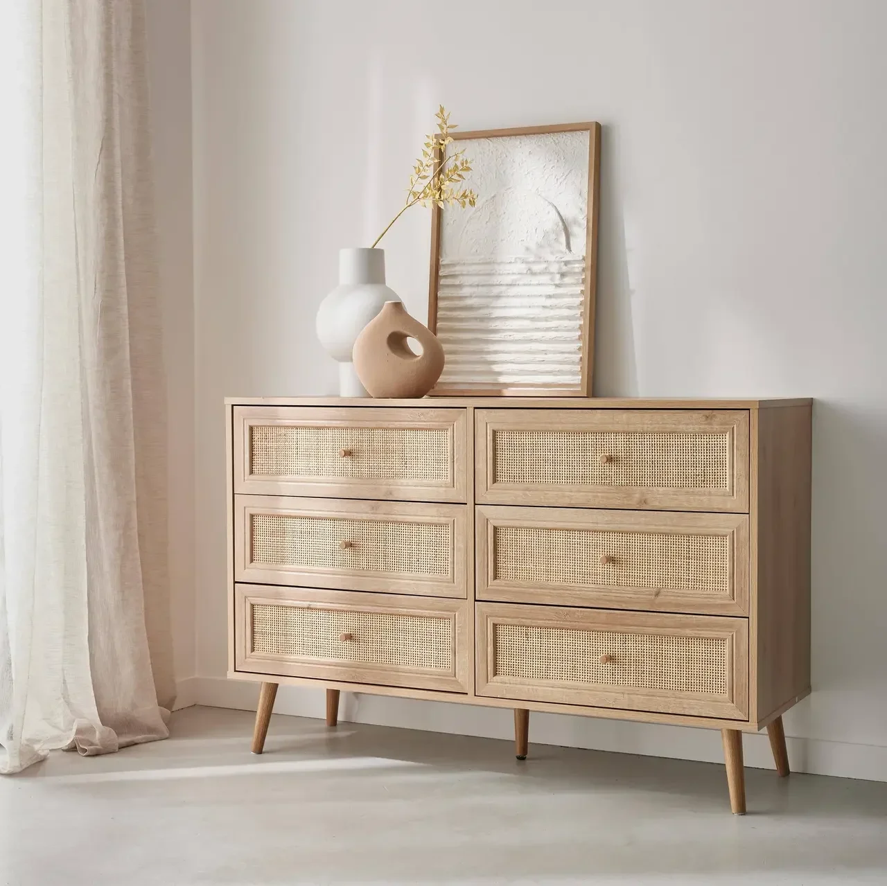 Commode 6 tiroirs bois cannage vintage style bohème chambre