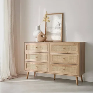Commode 6 tiroirs bois cannage vintage style bohème chambre