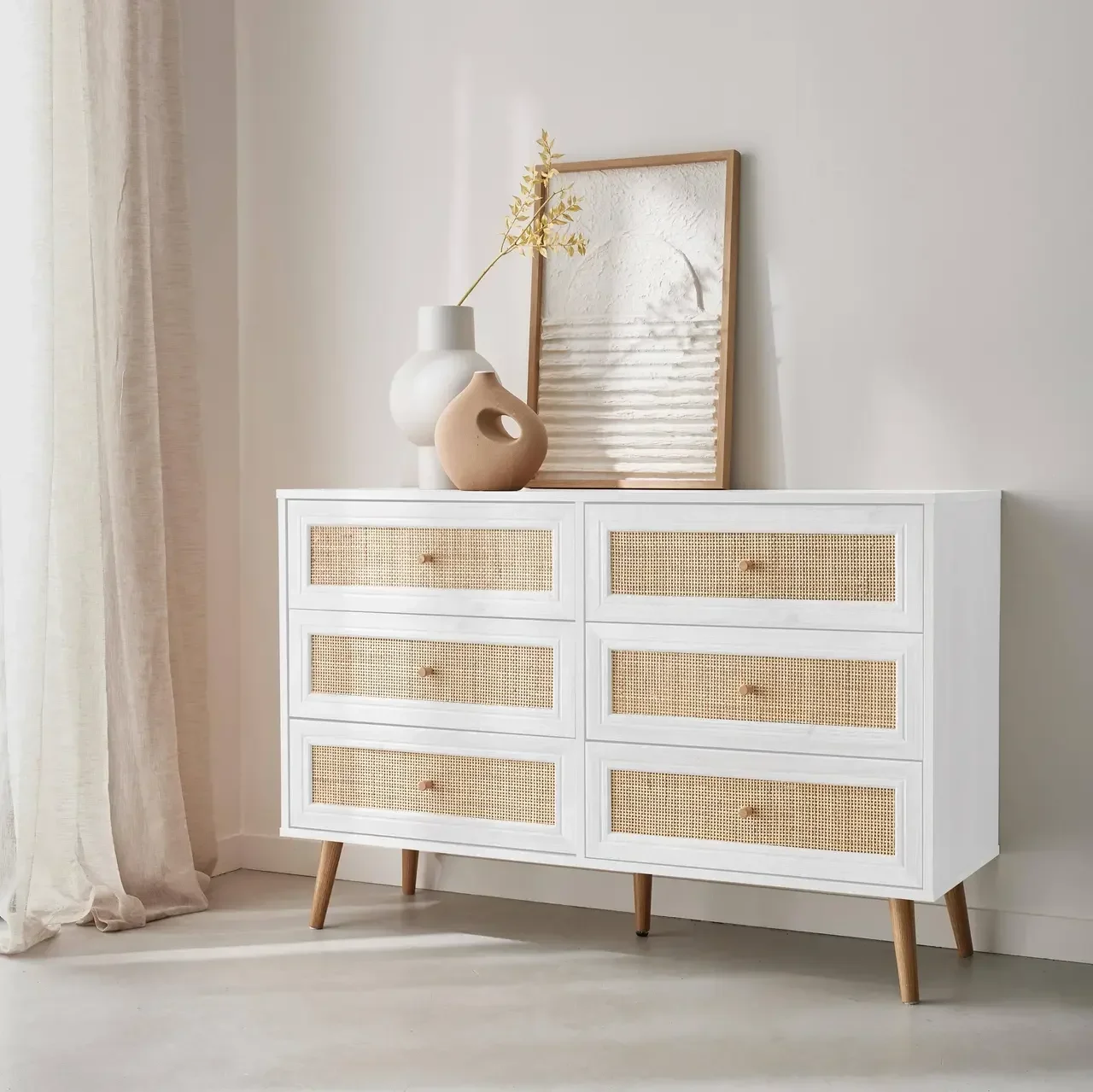 Commode 6 tiroirs cannage bois style bohème vintage chambre