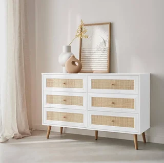 Commode 6 tiroirs cannage bois style bohème vintage chambre