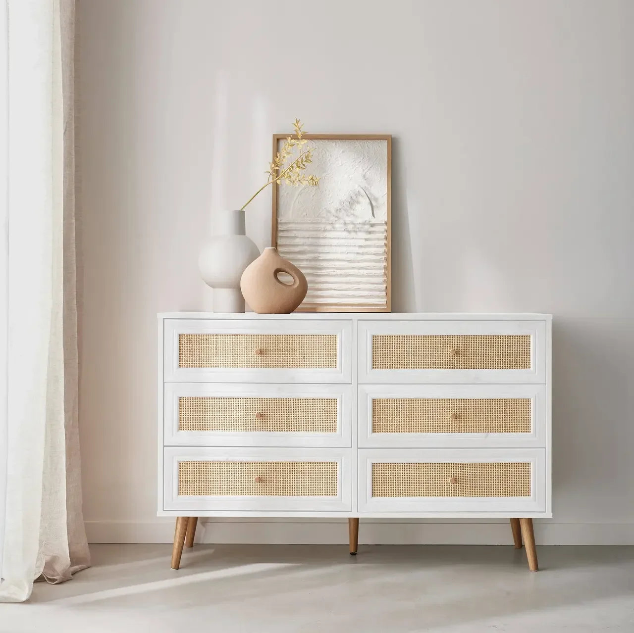 Commode 6 tiroirs cannage bois style bohème vintage chambre