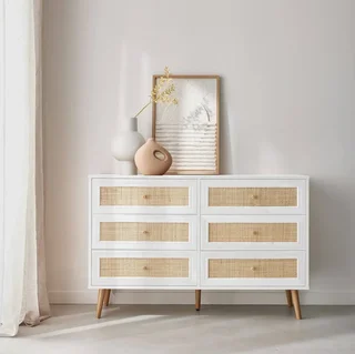 Commode 6 tiroirs cannage bois style bohème vintage chambre