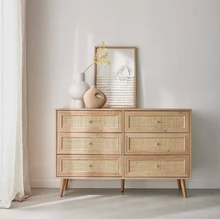 Commode 6 tiroirs bois cannage vintage style bohème chambre