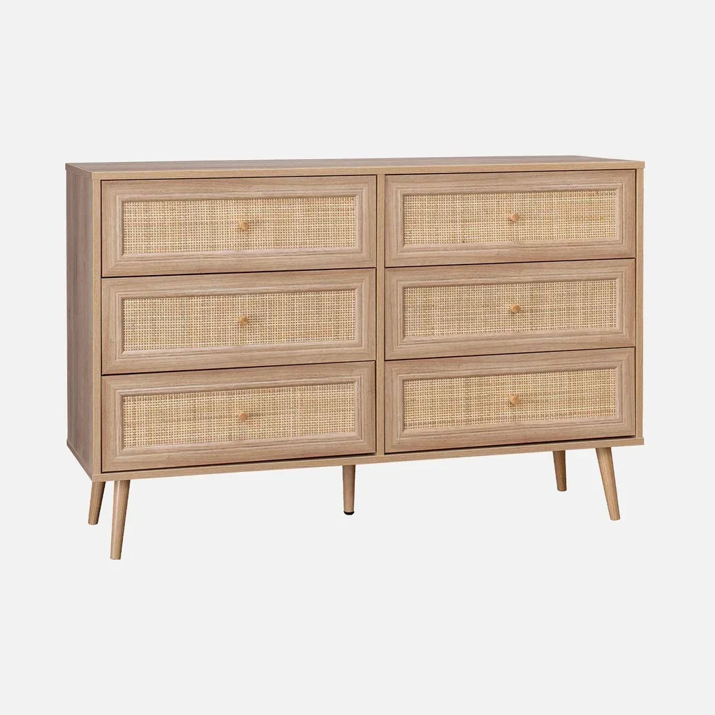 Commode 6 tiroirs bois cannage vintage style bohème chambre