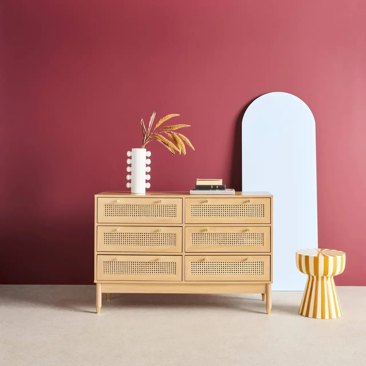 Commode 6 tiroirs bois cannage naturel style bohème chic Judith