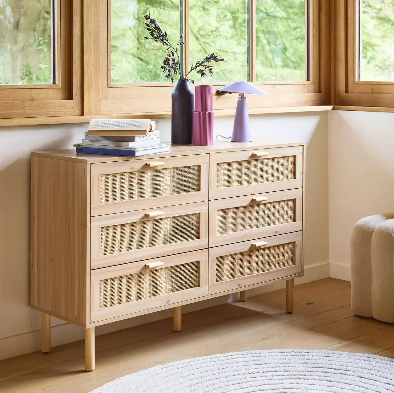 Commode 6 tiroirs cannage rotin bois naturel Camargue