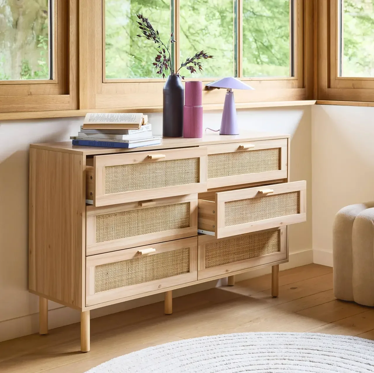 Cassettiera 6 cassetti vimini rattan legno naturale Camargue