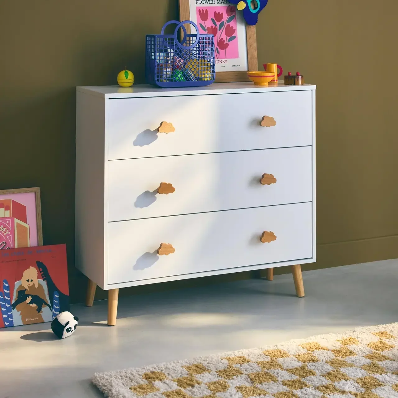 Commode bébé 3 tiroirs bois blanc poignées nuage Nephos